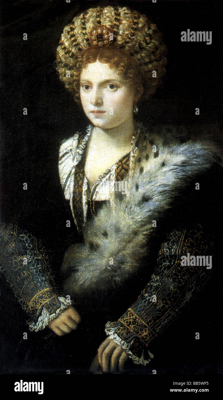 Isabella d` Este, 17.3.1474 - 13.2.1539, Italian collector of art, half length, painting by Titian, after an  by Francesco Francia, Artist's Copyright has not to be cleared Stock Photo